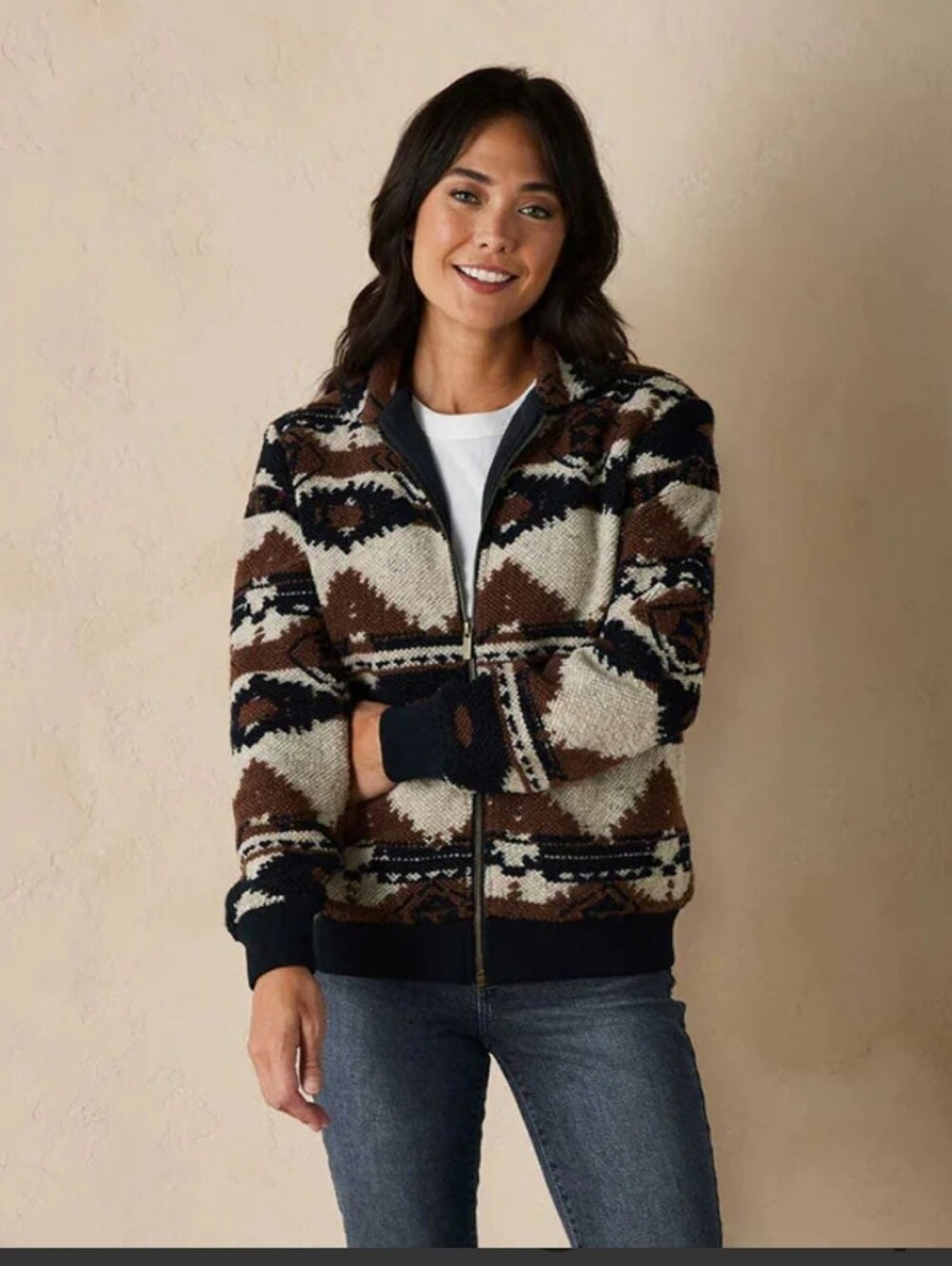 The Normal Brand Brown, Cream & Black Patterned Zip-Up Sweater